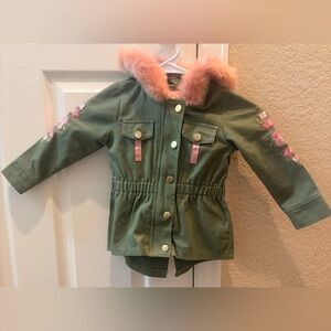 Little Lass Olive Green Jacket with Pink Faux-Fur Hood